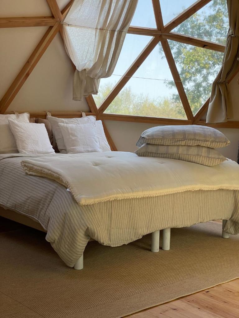 un lit dans une chambre avec une grande fenêtre dans l'établissement Dôme insolite Lichen jacuzzi et petits-déjeuners inclus, à Gondrin 27 autres photos
