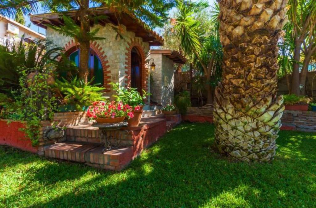 une maison avec un palmier dans la cour dans l'établissement Villa alkantara, à Taormine