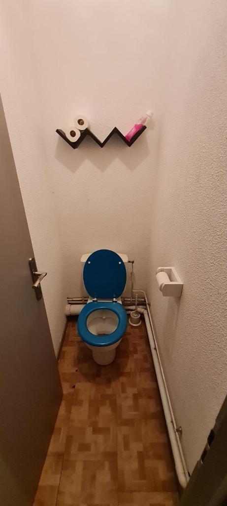 - une salle de bains avec des toilettes bleues dans une cabine dans l'établissement Un petit coin de paradis, à Villard-de-Lans 8 autres photos