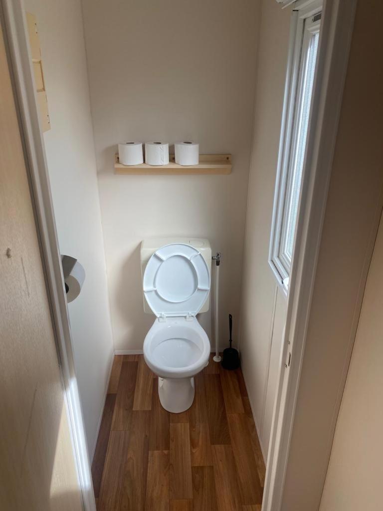 une salle de bain avec des toilettes blanches dans une chambre dans l'établissement mobil-home au Parc des roches, à Saint-Chéron