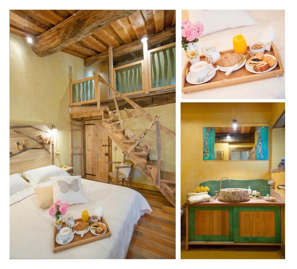 deux photos d'une chambre d'hôtel avec un lit et un escalier dans l'établissement Luxury villa Colle dell'Asinello ,proprietari ,Villa In esclusiva near ORVIETO, à Guardea