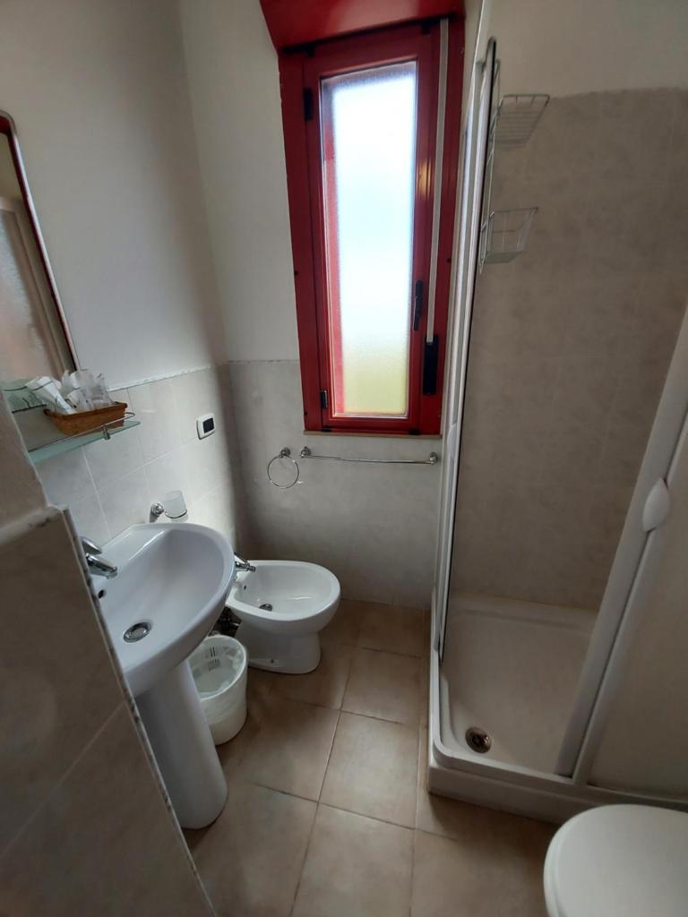 une salle de bain avec un lavabo, des toilettes et une douche dans l'établissement Hotel Villa Susy, à Davoli