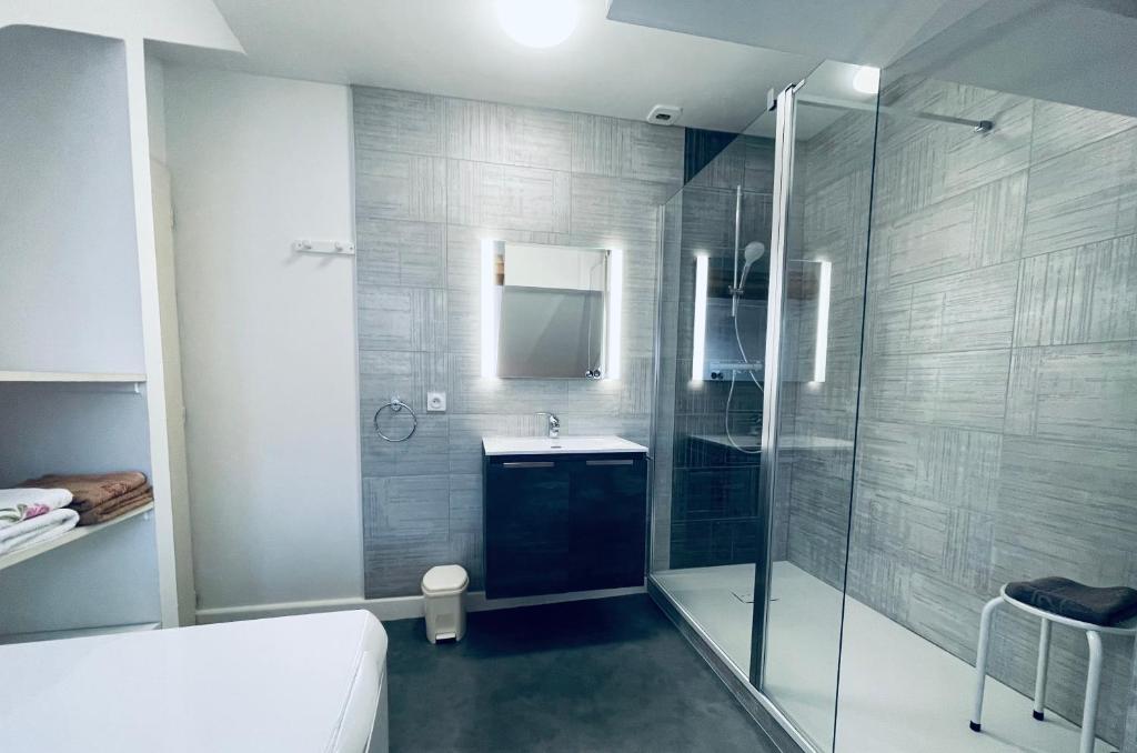 une salle de bain avec douche et lavabo dans l'établissement L'Ourson, à Gérardmer