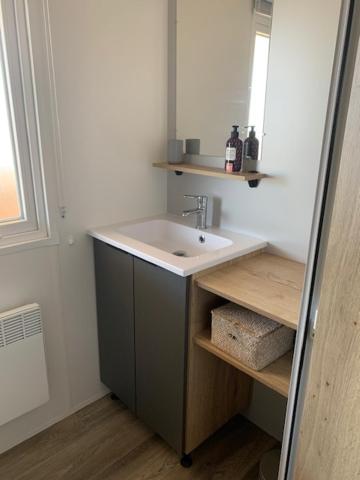 une salle de bain avec un lavabo et un miroir dans l'établissement Mobil home 6/8 personnes camping 4*Frejus, à Fréjus