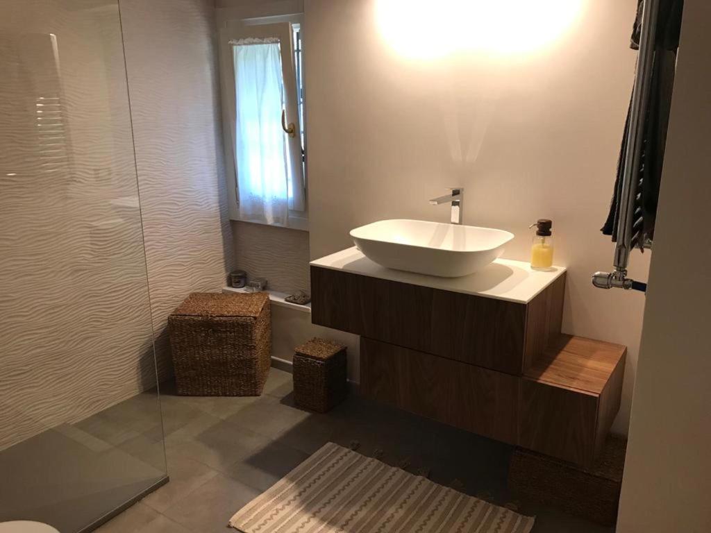une salle de bain avec un lavabo et une douche dans l'établissement Deliziosa Villa alle porte di Roma, à Sacrofano