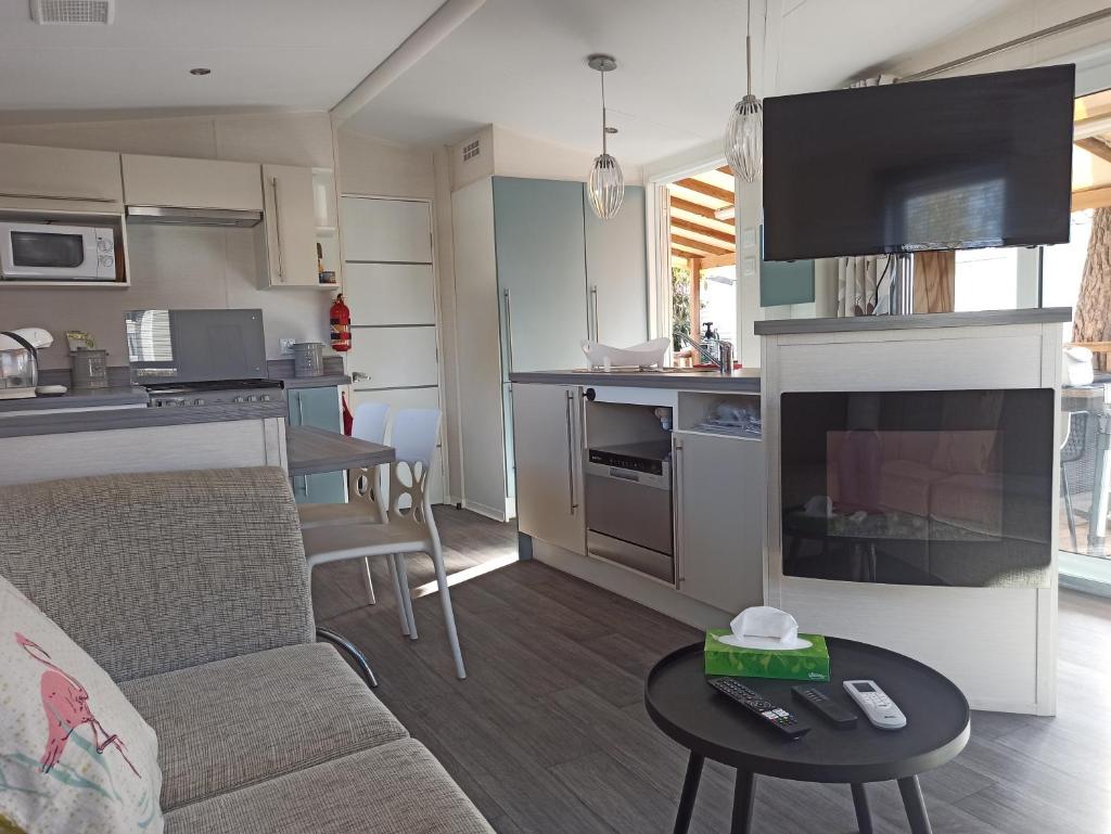 un salon et une cuisine avec un canapé et une table dans l'établissement Mobile-home La Carabasse FO88, à Vias