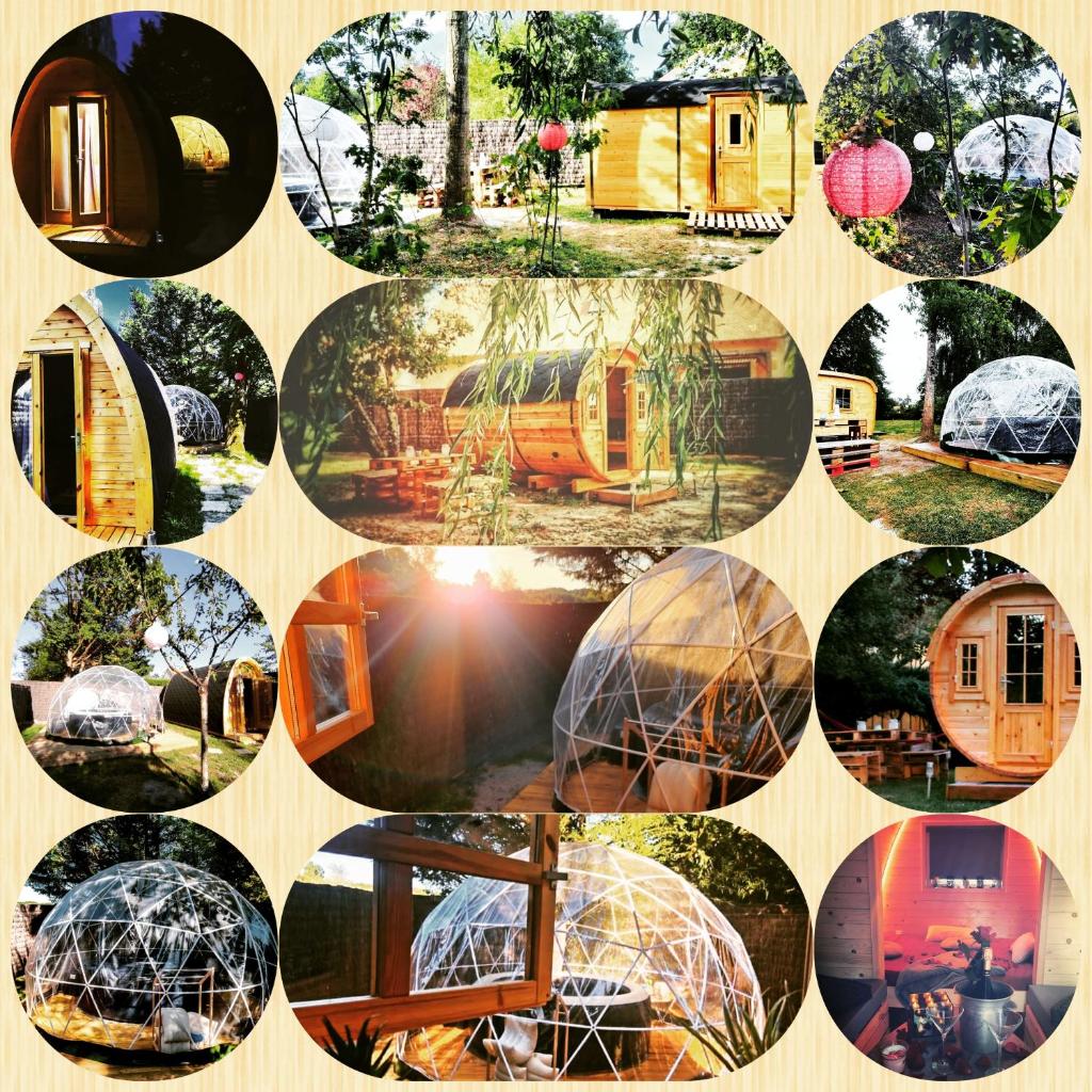 un collage d’images de différents types de maisons dans l'établissement sublime tonneau avec spa sous bulle privatif, à Lanthenay