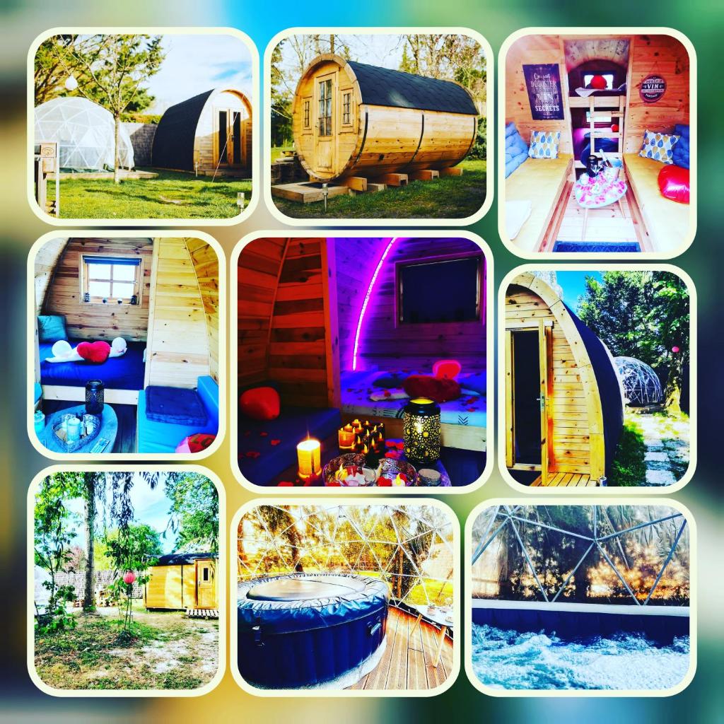un collage d'images de différents types de tentes dans l'établissement sublime tonneau avec spa sous bulle privatif, à Lanthenay