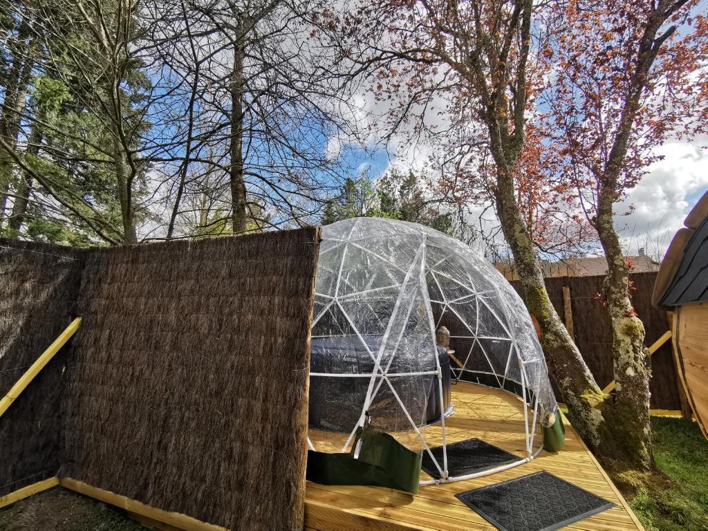 une maison igloo sur une terrasse en bois avec des arbres dans l'établissement sublime tonneau avec spa sous bulle privatif, à Lanthenay