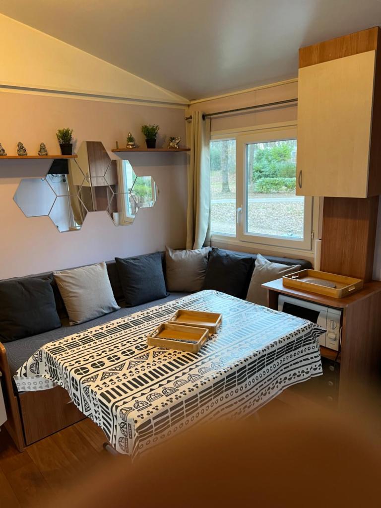 un salon avec un canapé et une table dans l'établissement mobil home, à Mirgaudon
