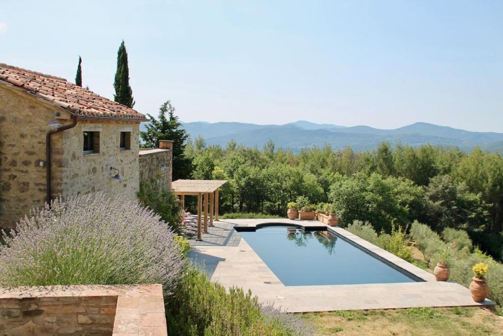une piscine dans un jardin avec une maison dans l'établissement Torricella, à Città di Castello
