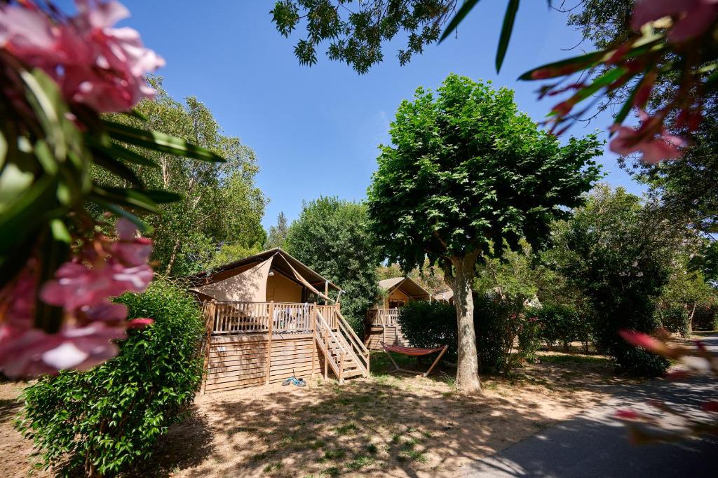 une aire de jeux en bois avec un arbre et une maison dans l'établissement Glamping Côte d'Azur, à Roquebrune-sur Argens