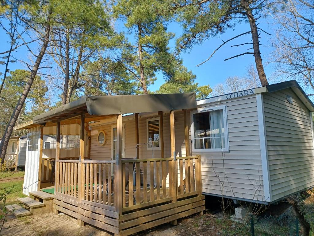 une petite maison dans les bois avec un porche dans l'établissement Camping la dune blanche, à Camiers