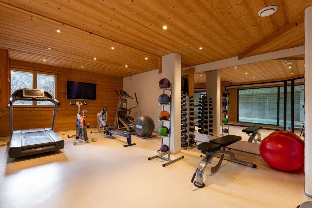 - une salle de sport avec plusieurs tapis de course et machines dans l'établissement Chalet le 4 - numéro 4, au Grand-Bornand