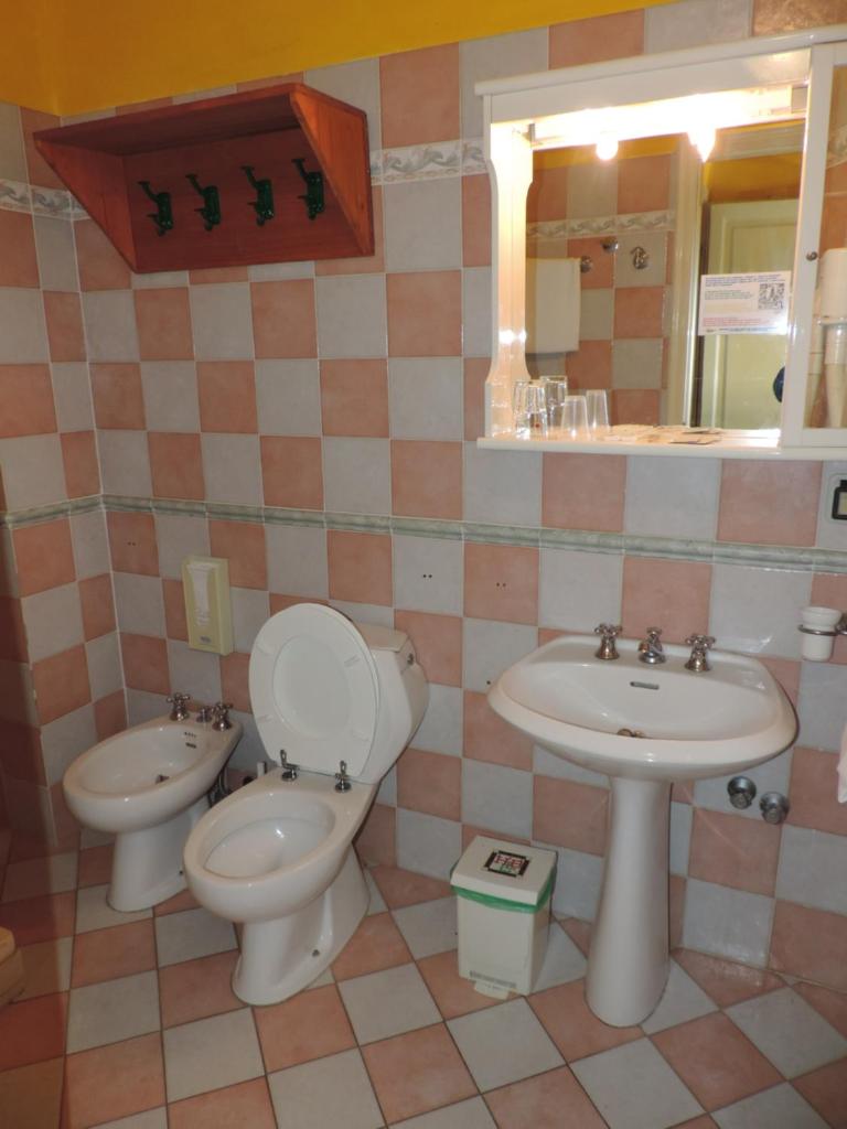 une salle de bain avec un lavabo, des toilettes et un miroir dans l'établissement Hotel Biagiotti, à Lido di Camaiore