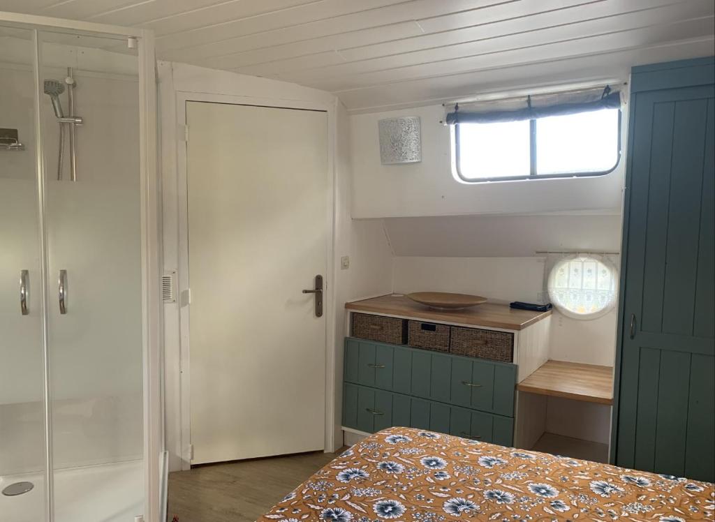 - une chambre avec un lit, une fenêtre et une douche dans l'établissement Péniche GEMJO, à Castelsarrasin