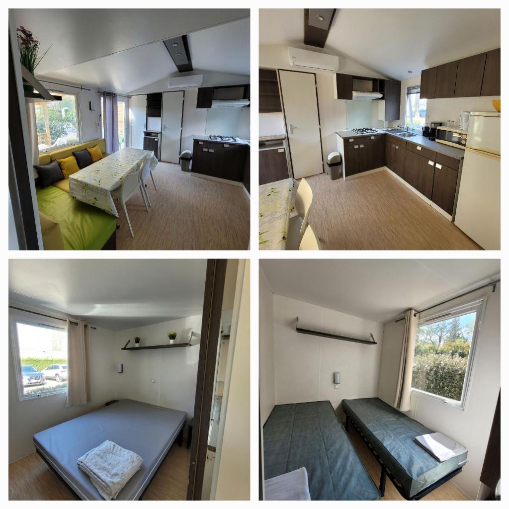 Un collage de trois photos d'une petite maison dans l'établissement Chez Coralie, à La Roque-dʼAnthéron