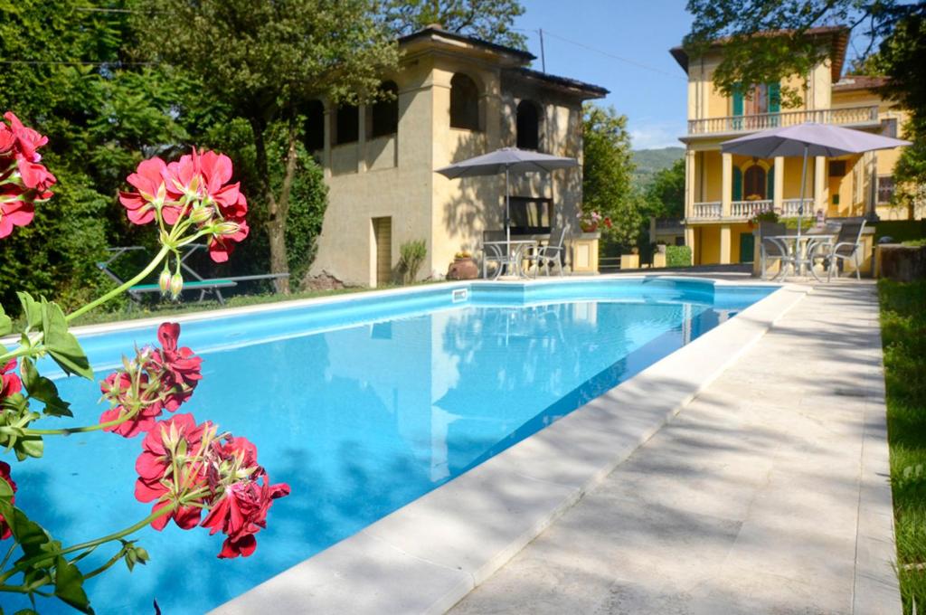 - une piscine en face d'une maison fleurie dans l'établissement Villa Pieroni - Barga, à Castelvecchio Pascoli