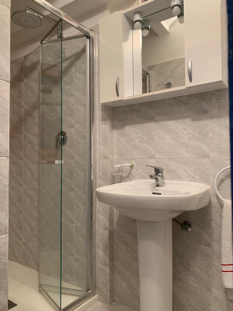 une salle de bain avec un lavabo et une douche en verre dans l'établissement Residence Le Rose, à Marina di Bibbona