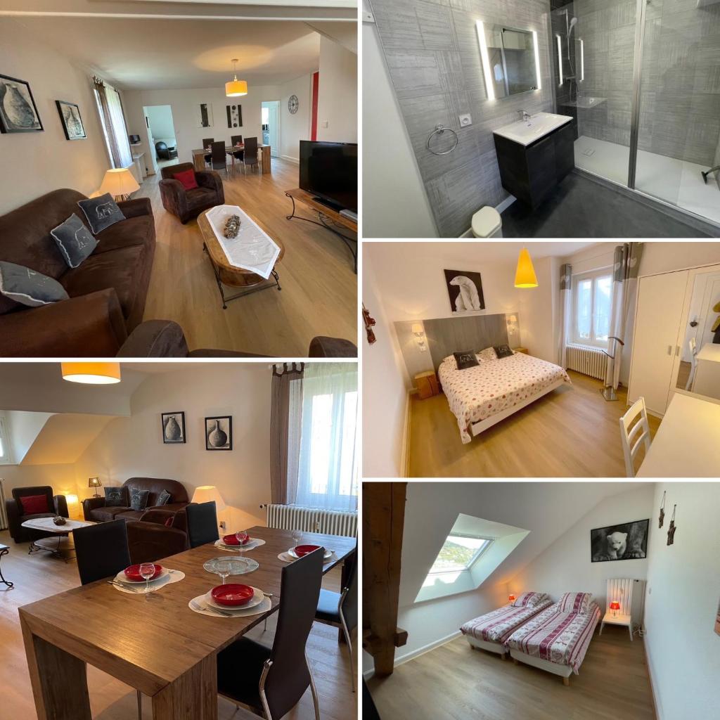 un collage de photos d'un salon et d'un salon dans l'établissement L'Ourson, à Gérardmer