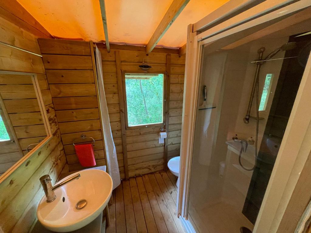 - une salle de bains pourvue d'un lavabo et de toilettes dans une cabine dans l'établissement Lodges du Bois Dodo, à Septfonds 33 autres photos
