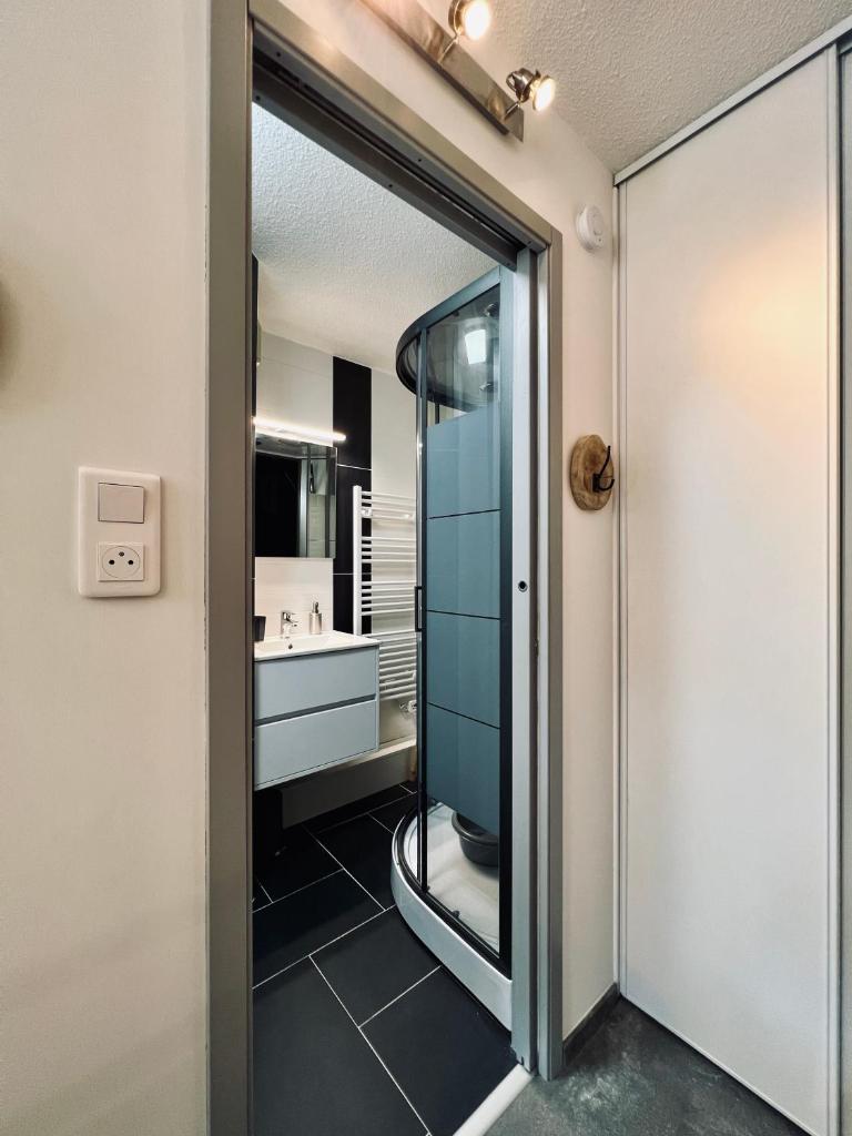 une porte en verre menant à une salle de bains pourvue d'un lavabo. dans l'établissement STUDIO CENTRE STATION - REFAIT A NEUF 4 PERSONNES, à Laveissière