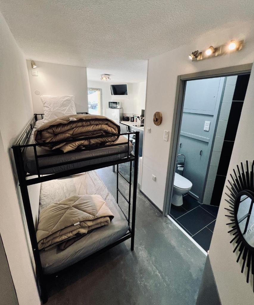 une chambre avec deux lits superposés et une salle de bain dans l'établissement STUDIO CENTRE STATION - REFAIT A NEUF 4 PERSONNES, à Laveissière