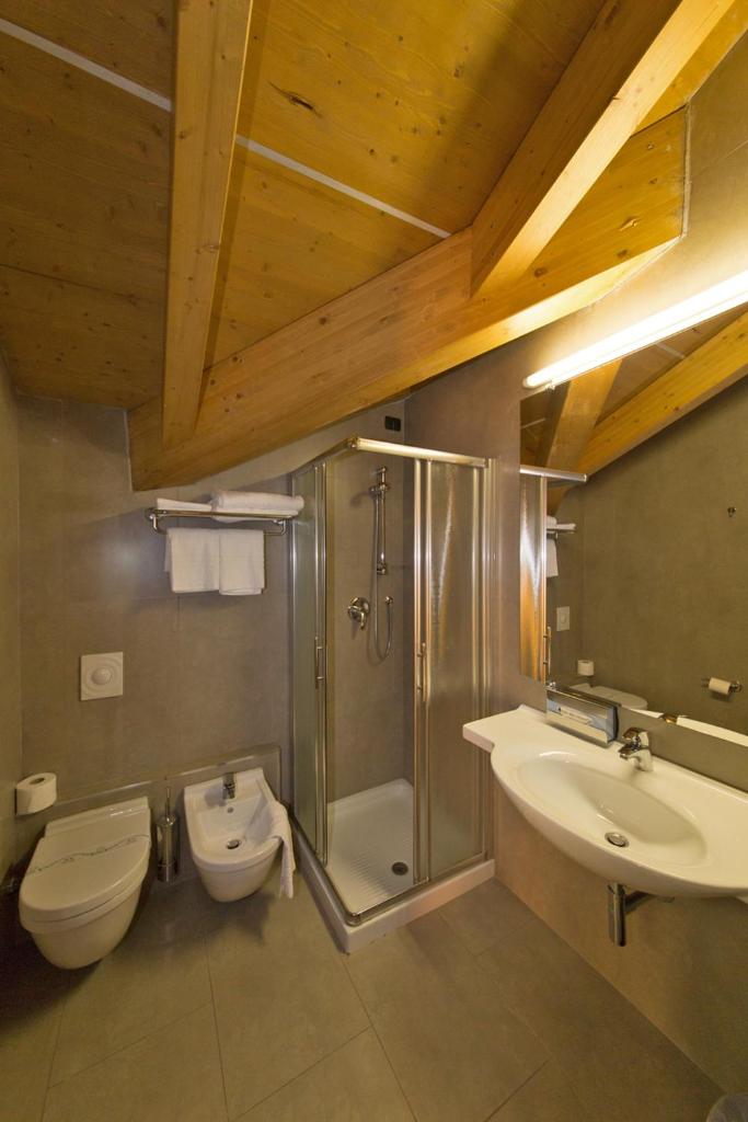 une salle de bain avec une douche, des toilettes et un lavabo dans l'établissement Hotel Smeraldo, à Sirmione