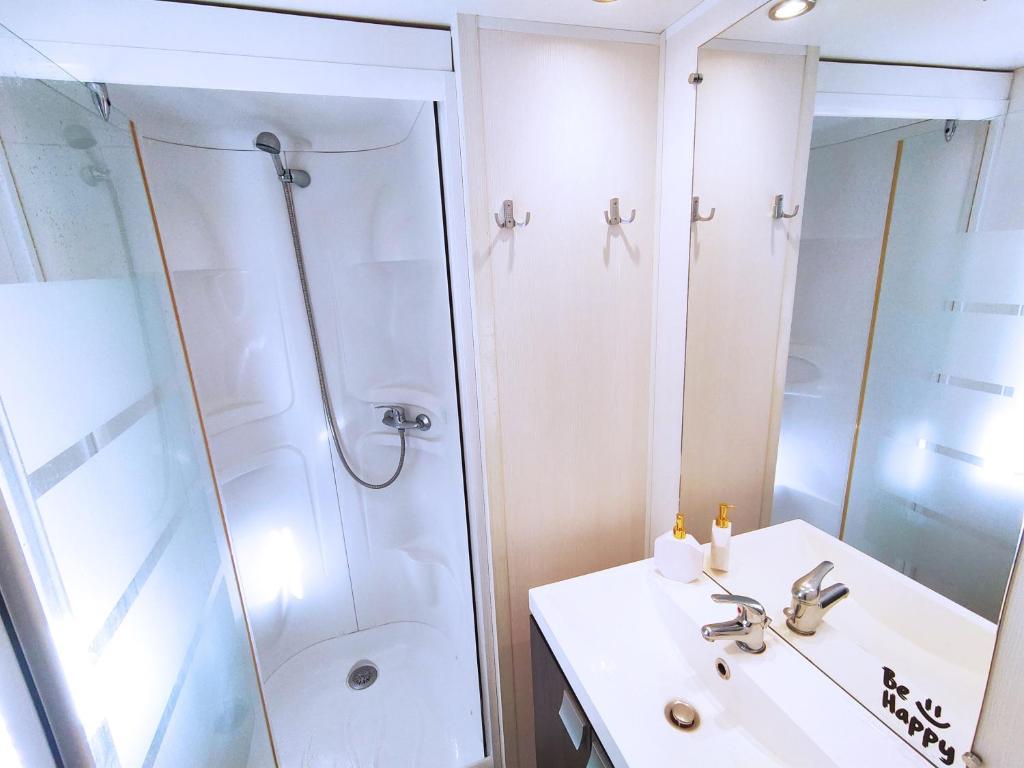 une salle de bain avec douche et lavabo dans l'établissement Domaine des Iscles, à La Roque-dʼAnthéron