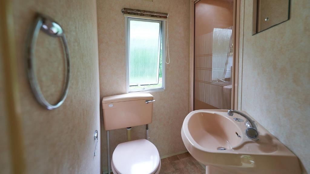 une salle de bain avec un lavabo et des toilettes et une fenêtre dans l'établissement CAMPING LES PAILLOTES, à Payrac
