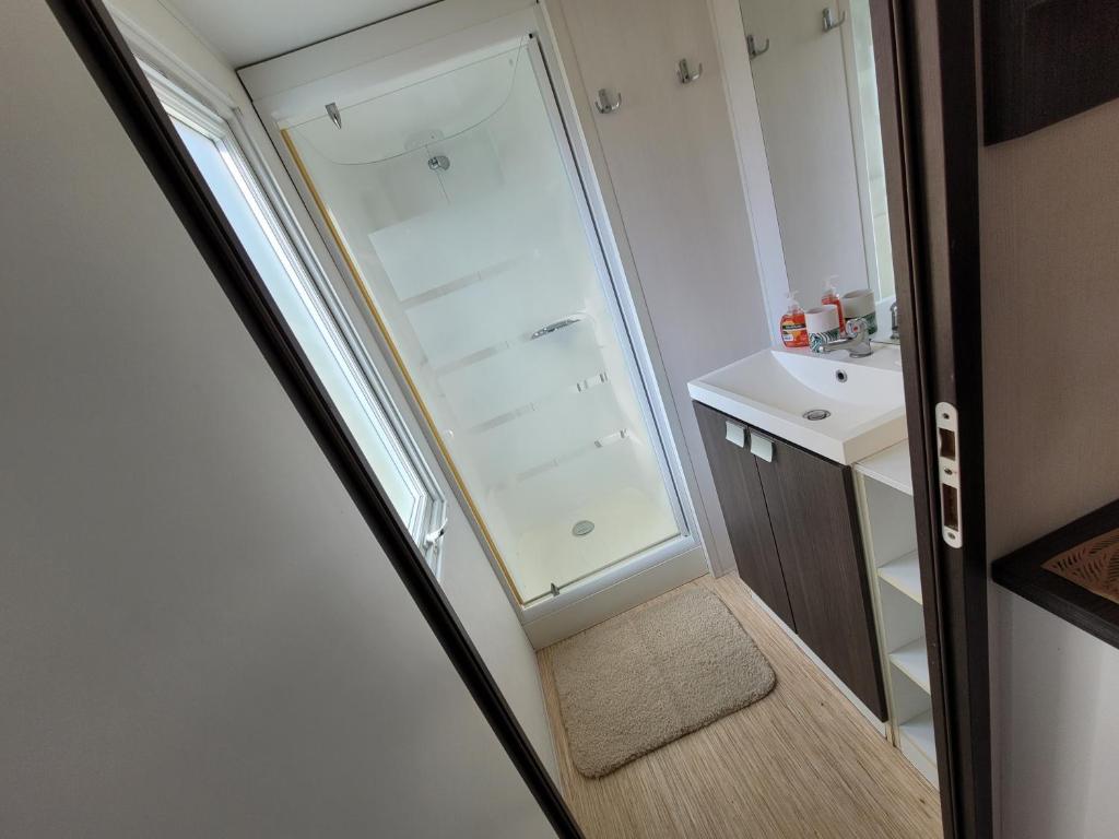 La petite salle de bains est pourvue d'une douche à l'italienne et d'un lavabo. dans l'établissement Chez Coralie, à La Roque-dʼAnthéron