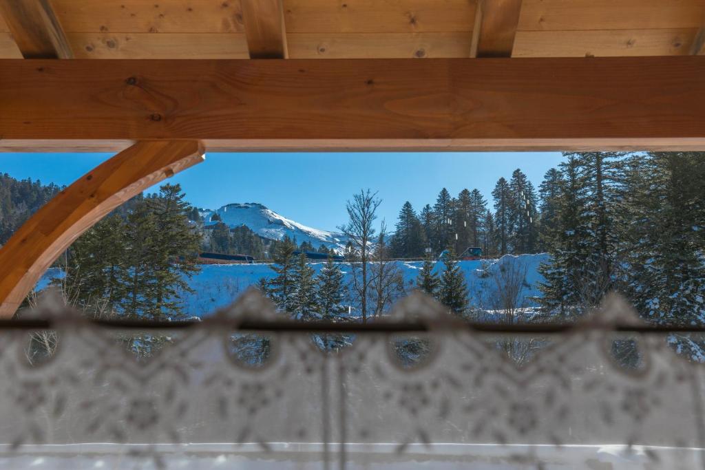 - une vue depuis une fenêtre sur une montagne enneigée dans l'établissement Studio Lou Kiwi - Résidence Bec de l Aigle, à Le Lioran 1 autre photo