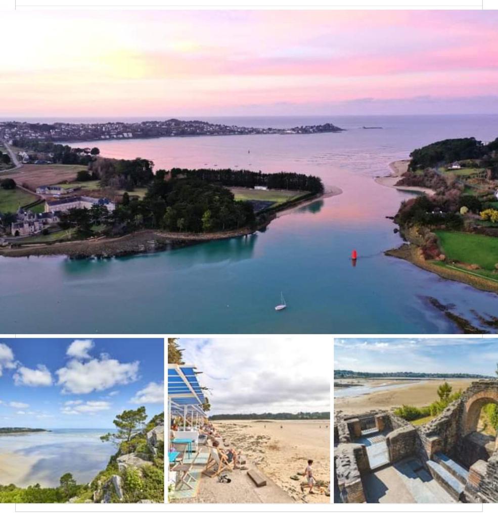 un collage de photos d'une rivière et d'une plage dans l'établissement Tente 3 chambres, petit camping familial vue mer, à Plestin-les-Grèves