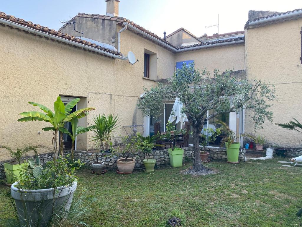 une cour avec des plantes en pot devant une maison dans l'établissement GITE CLARIMOR, à Puygiron