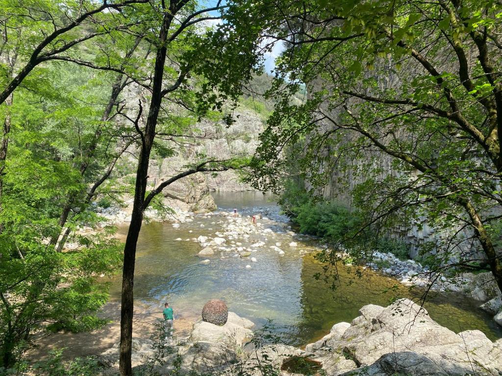 un homme debout dans l'eau près d'une rivière dans l'établissement NOUVEAU Maison de la place, à Jaujac