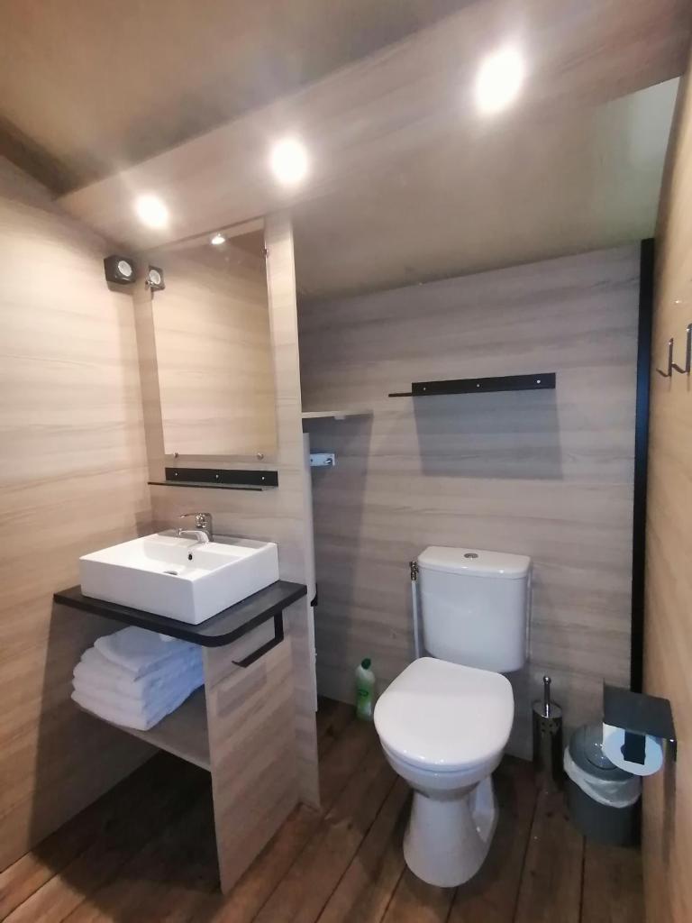 une salle de bain avec des toilettes blanches et un lavabo dans l'établissement Camping L'Ondine de Provence, à La Motte-Chalançon 34 autres photos