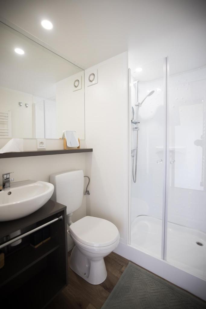 une salle de bain avec toilettes, lavabo et douche dans l'établissement Le lodge de la Catouniere, à Castillon-du-Gard
