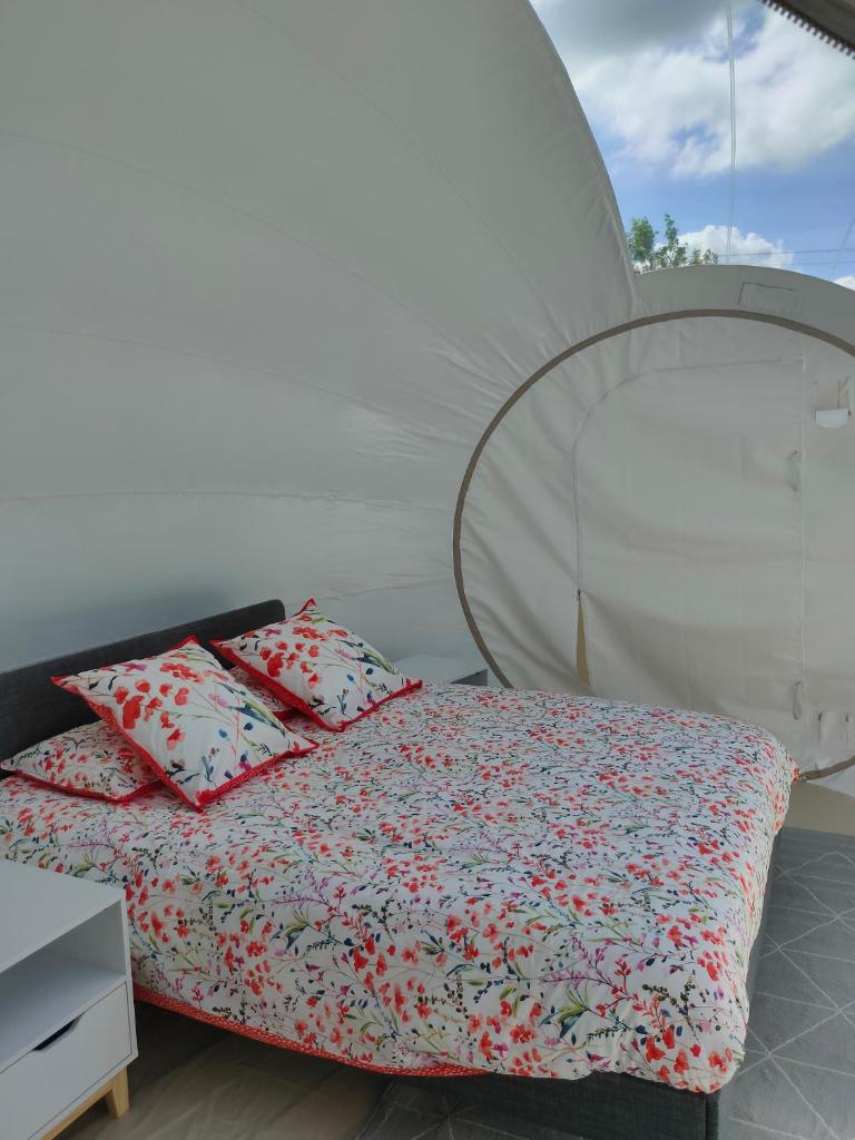 - une chambre avec un lit et une tente blanche dans l'établissement Célé Bulles Étoilées, à Brengues