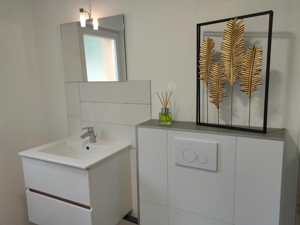 une salle de bain blanche avec un lavabo et un miroir dans l'établissement Célé Bulles Étoilées, à Brengues