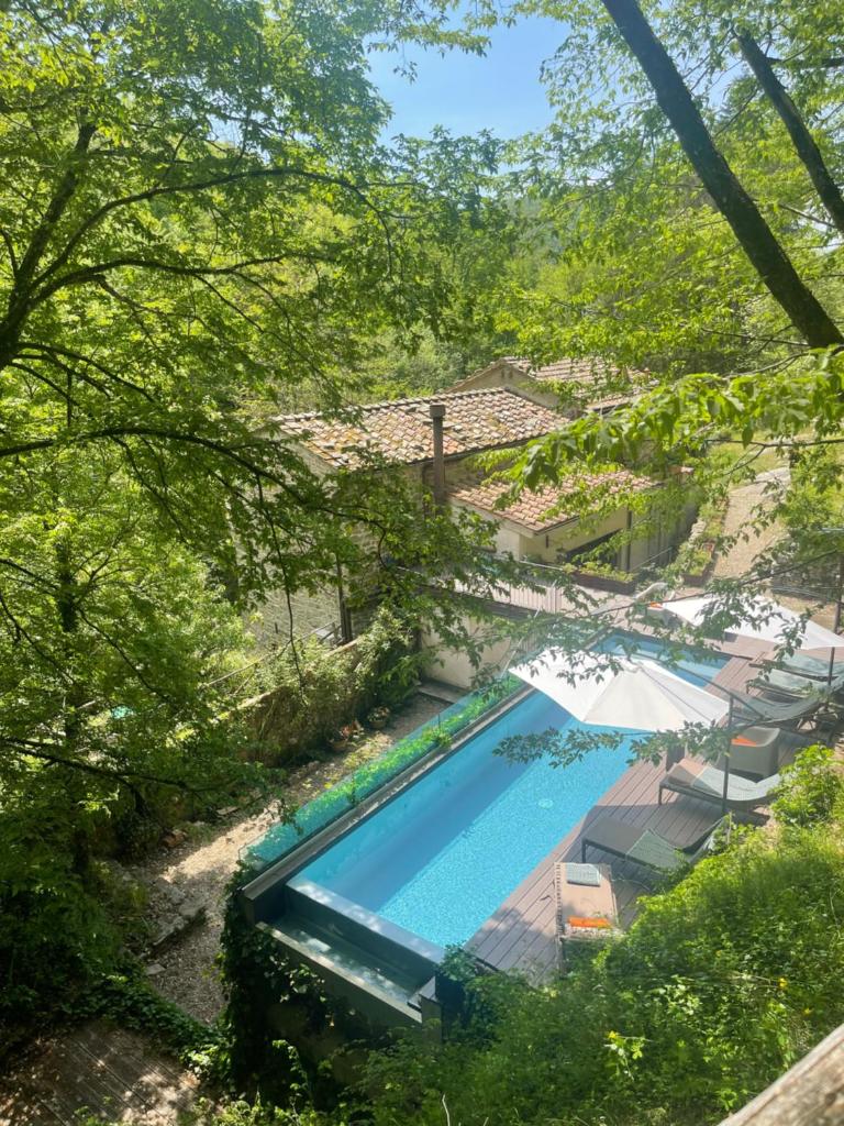 - une vue sur la piscine avec un parasol dans l'établissement Mulino Morandi, à Il Molinaccio
