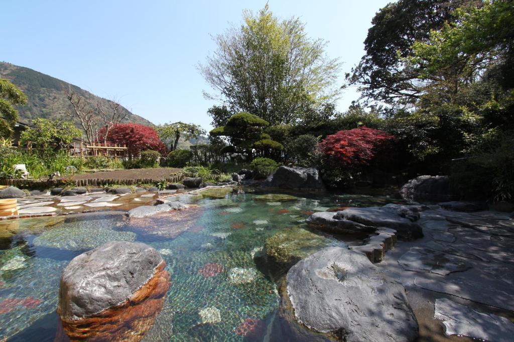 une piscine d'eau avec des rochers dans un jardin dans l'établissement Yusakaso, à Hakone