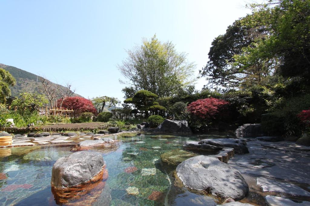 une piscine d'eau avec des rochers dans un jardin dans l'établissement Yusakaso, à Hakone