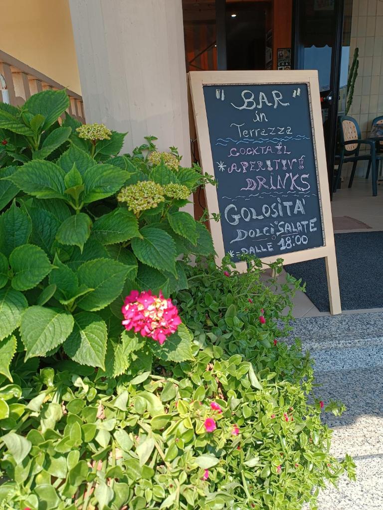 un panneau posé à côté d'une plante avec une fleur dans l'établissement Hotel La Vela, à Lido di Camaiore