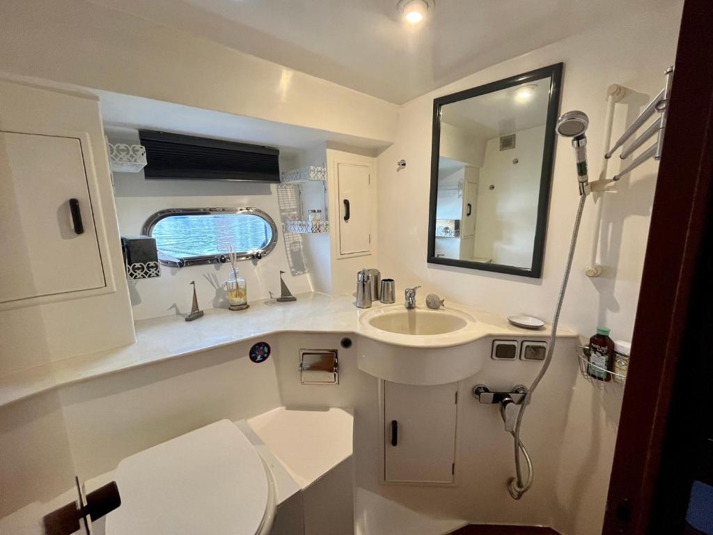 une salle de bain blanche avec un lavabo et un miroir dans l'établissement Navi Yacht à Sète, 2 à 8 couchages, privatif, à Sète