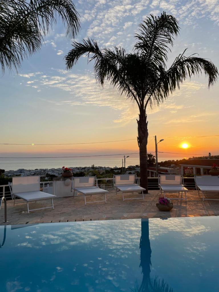 une piscine avec un palmier et le coucher du soleil dans l'établissement Villa Krailo, à Santa Maria al Bagno