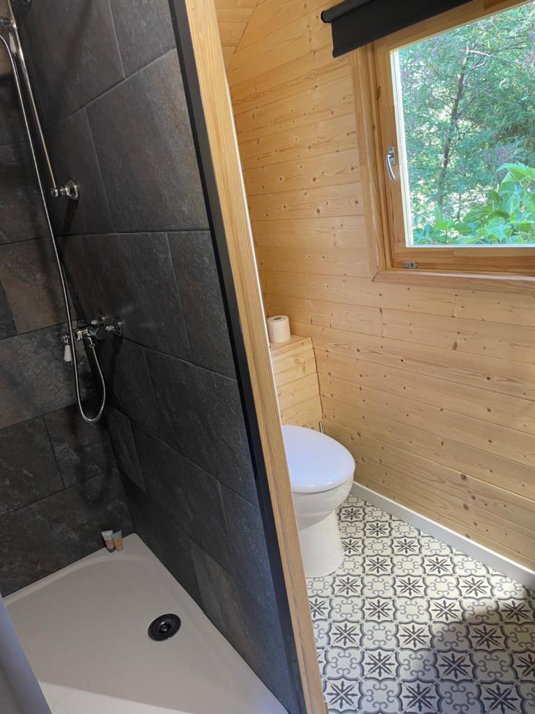 une petite salle de bain avec toilettes et douche dans l'établissement Roulotte , hébergement atypique, à Solliès-Pont