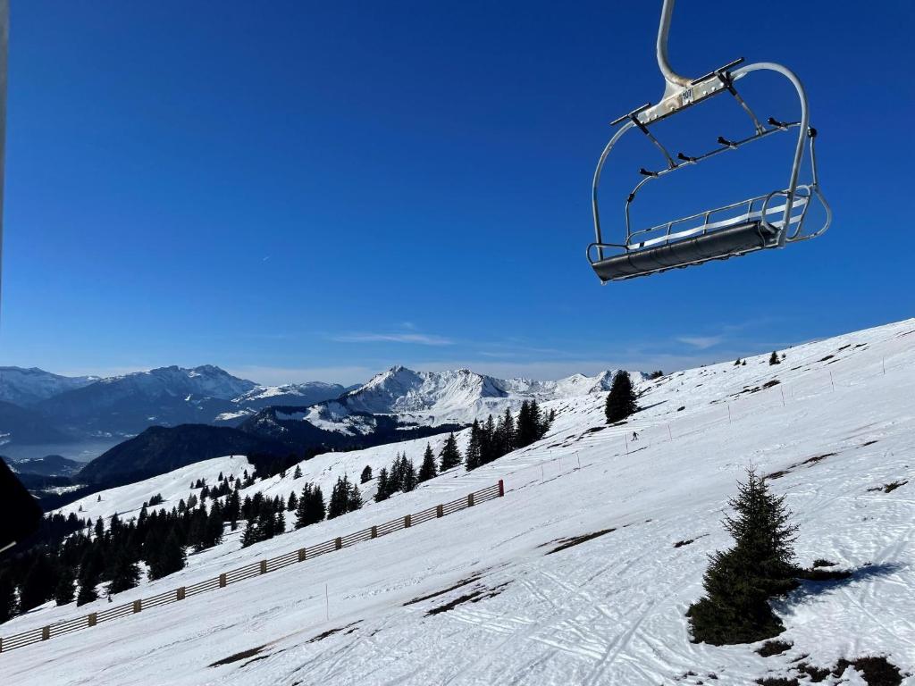 une remontée mécanique survolant une montagne enneigée dans l'établissement Ashmour Alpine, aux Gets