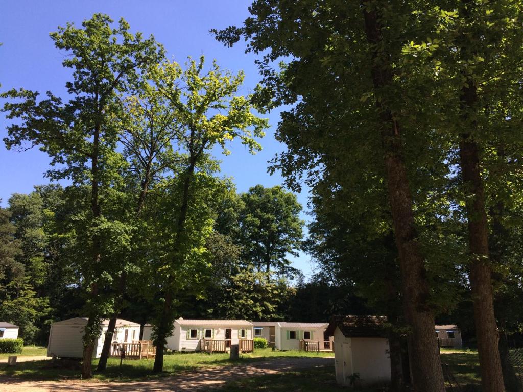 une rangée de mobile homes dans un parc arboré dans l'établissement Mobile Home ~ Parc des Roches, à Saint-Chéron