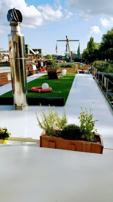 une terrasse avec des plantes et une bouteille sur le toit dans l'établissement Captain's cabin: Cosy flat on a house boat, à Strasbourg