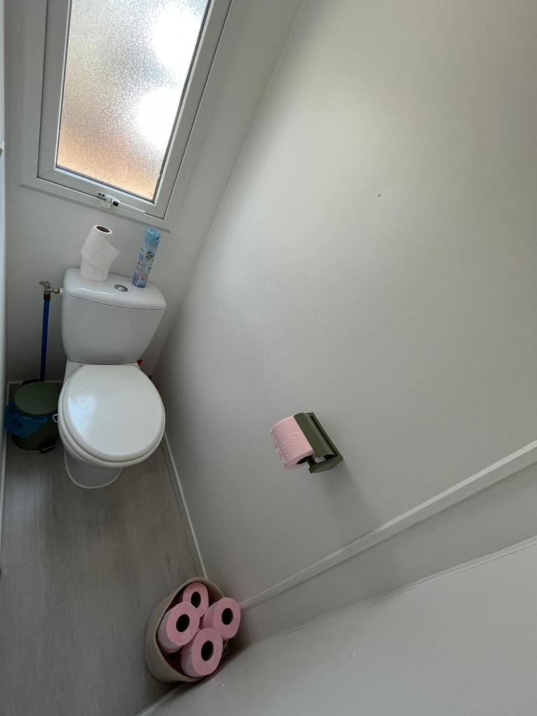 Elle comprend une petite salle de bains pourvue de toilettes et d'une fenêtre. dans l'établissement Mobile home camping Pedro, au Grau-dʼAgde 3 autres photos
